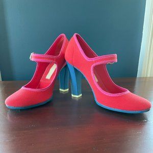 Marc Jacob Red Canvas, Blue 4" Mary Jane high heels in size 5.5
